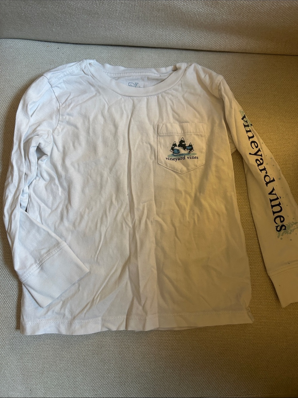 Vineyard Vines Kids White Long-Sleeve Pocket Tee with Blue Logo